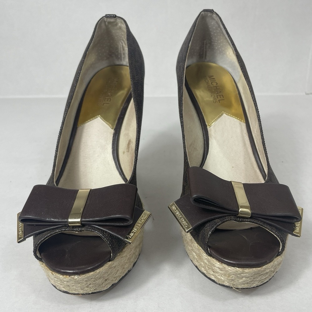 Michael Kors Espadrilles MK Signature Logo Peep Toe Wedges 9M